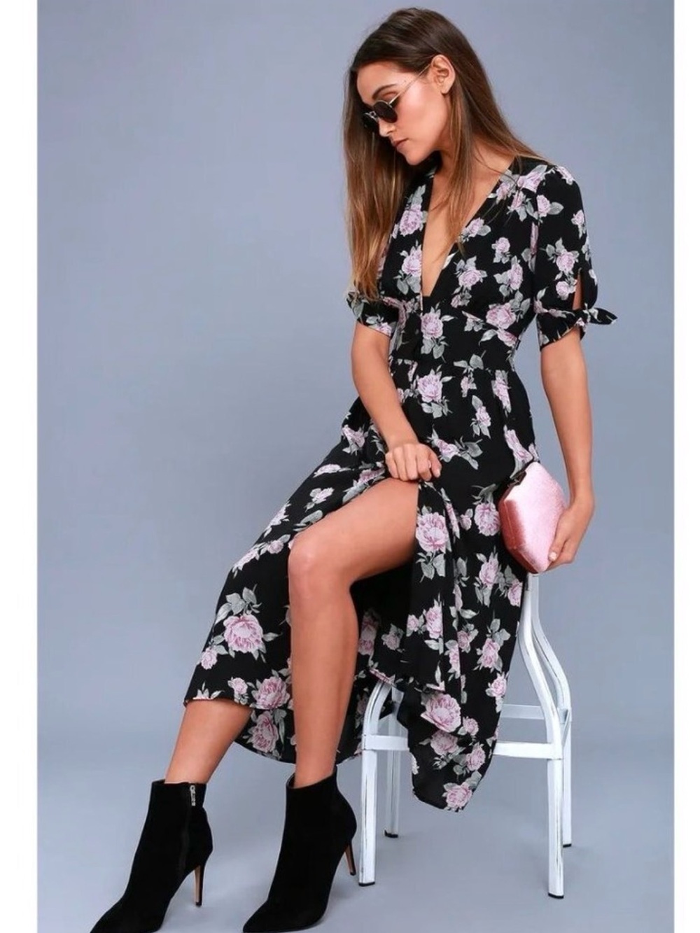 Free People Love of My Life Black Maxi Dress with Pink Floral Print Size M